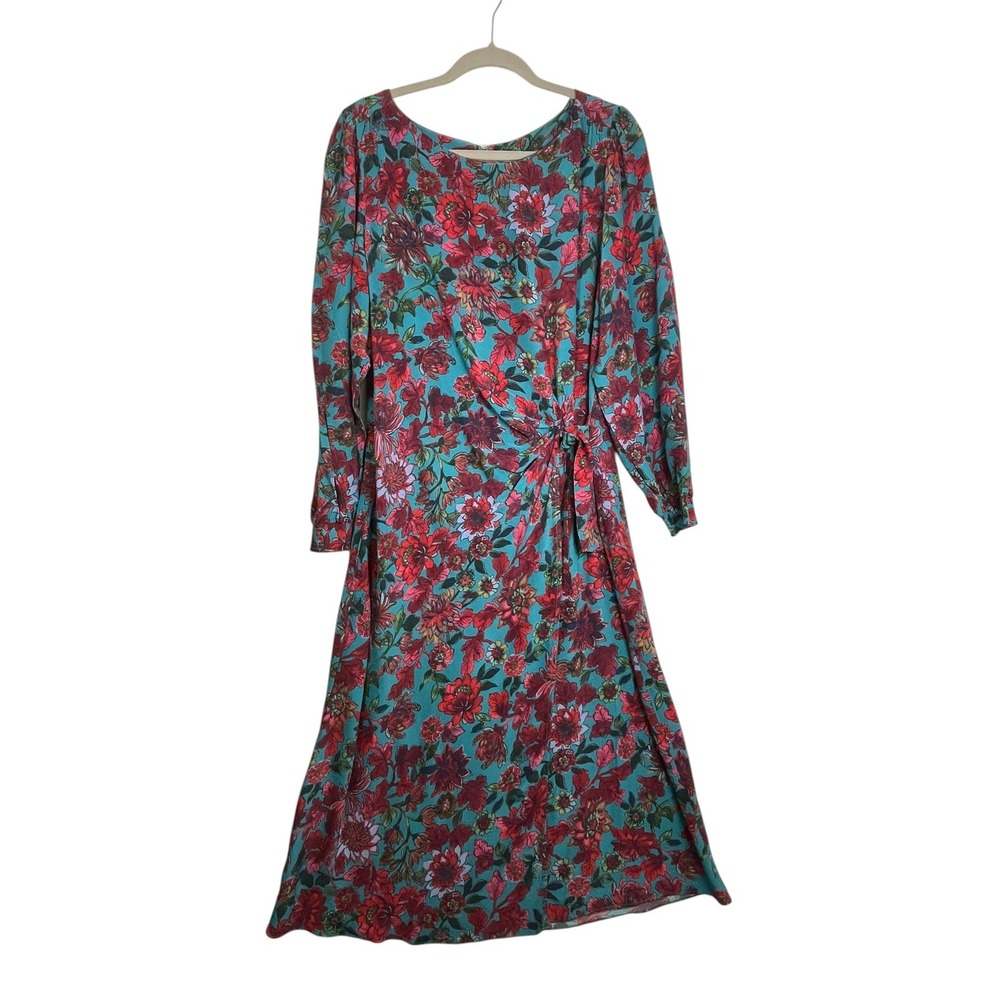 Talbots Floral Side Tie Midi Dress 14 Teal Red Long Sleeve Smocked Cuff Romantic